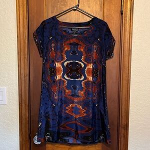 Ikat/Ink blot. Blue and copper mini. Medium rayon